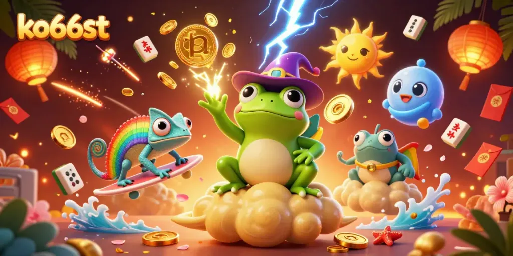 Experience exciting moments at ko66st with a storm of gold coins and vibrant characters in a captivating casino scene.