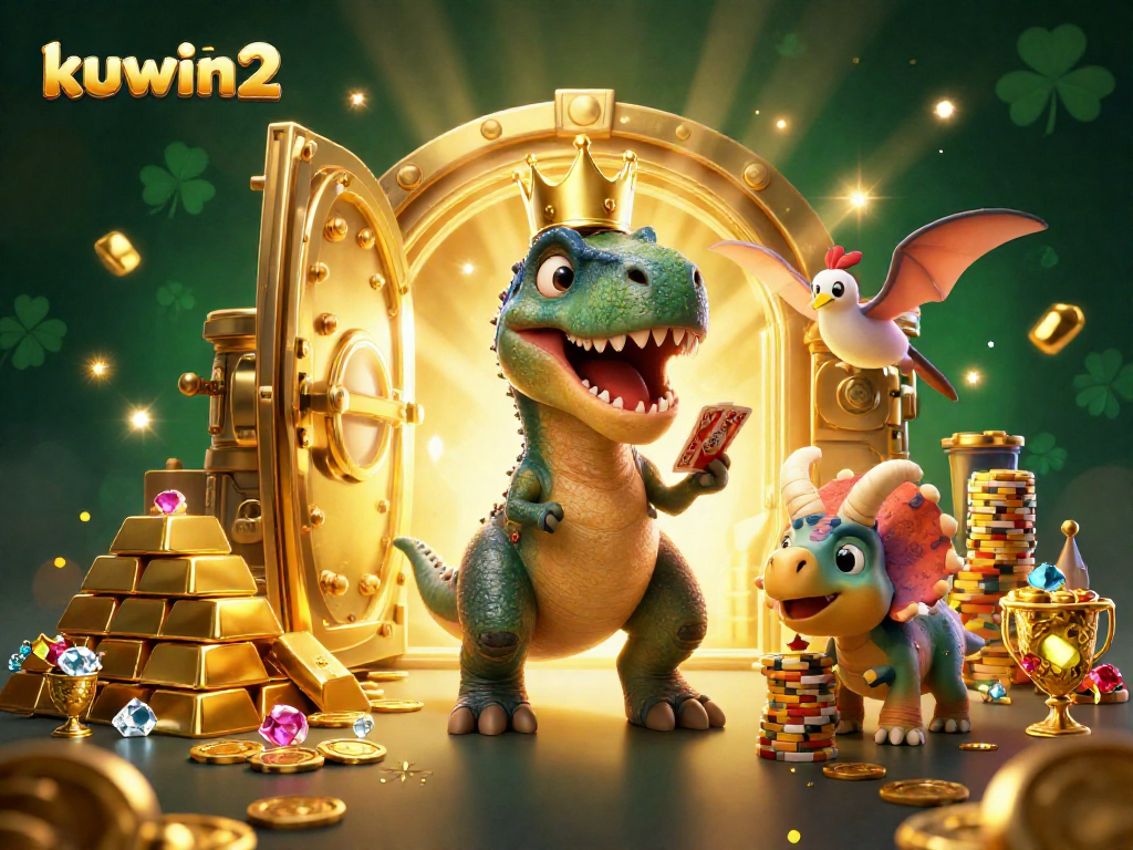 Kuwin2 showcases a vibrant casino scene with lively characters engaging in games and surrounded by treasure.