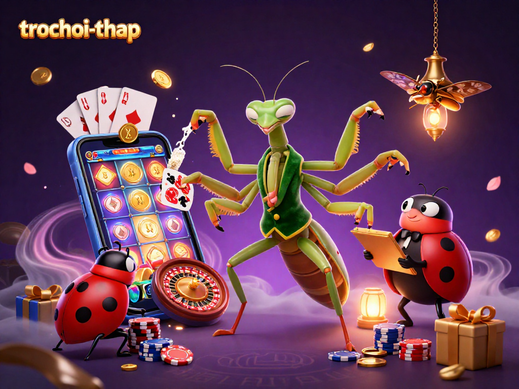 Experience thrilling trochoi-thap action with a playful mantis dealer and vibrant casino elements.