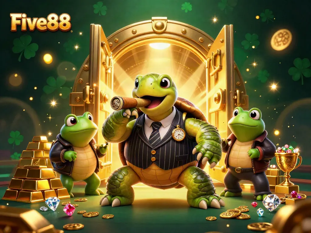 Experience the lively world of Five88 with a cartoon turtle in a pinstripe suit, surrounded by casino treasures.