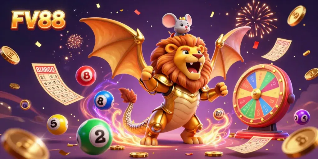 Experience exciting gaming action at FV88 with a triumphant chimera creature and festive lottery games.