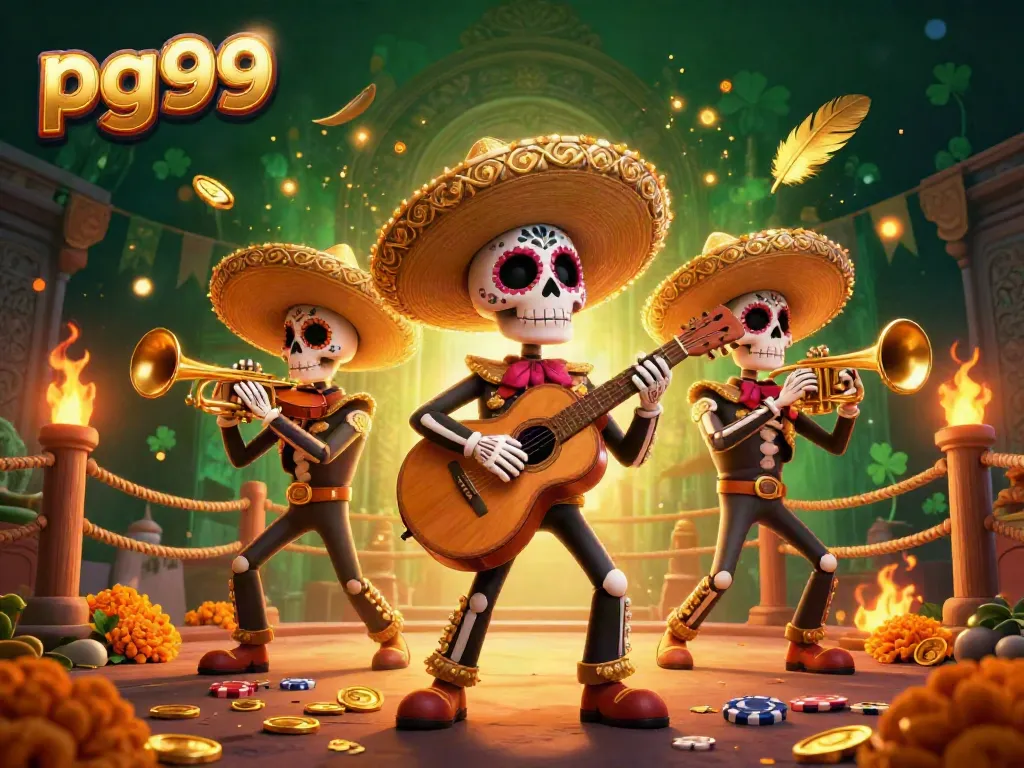 Engage with pg99's vibrant skeleton mariachi band in a dynamic casino scene filled with excitement and energy.