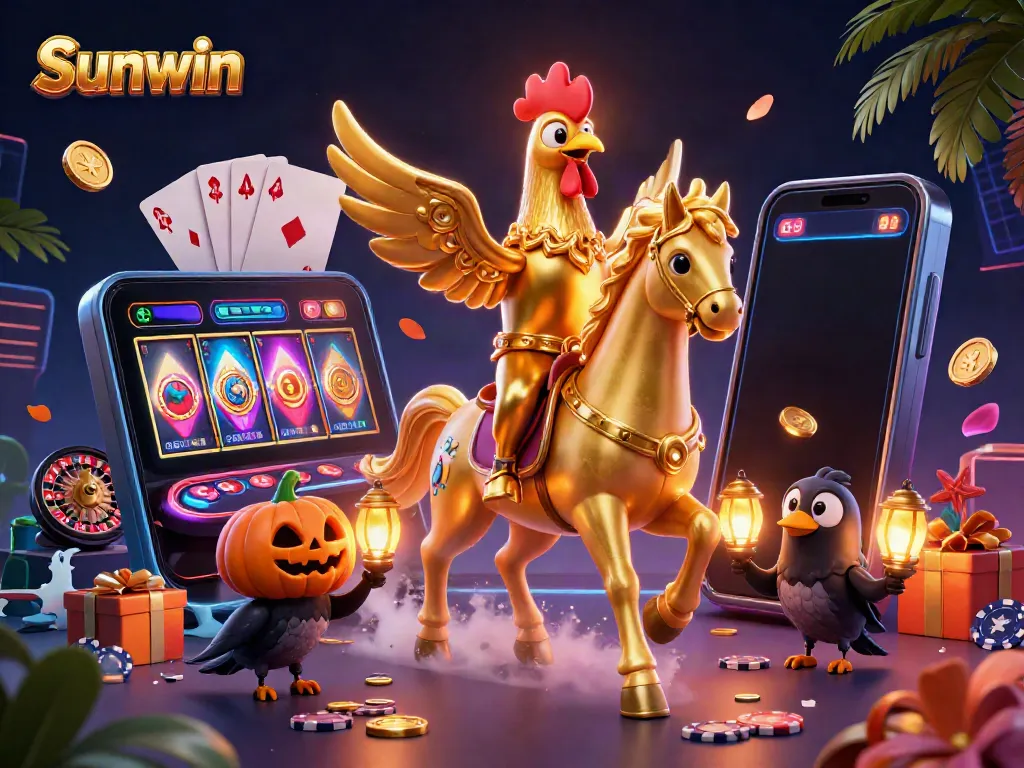 Experience the vibrant casino world of Sunwin with golden rooster and festive characters.