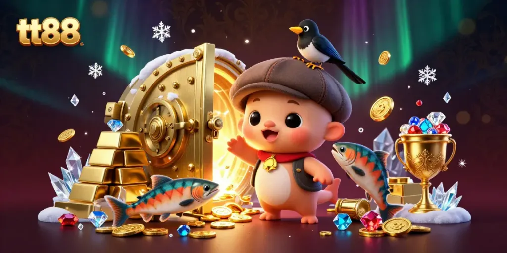 tt88 charms players with its vibrant slots and winning treasures in a dazzling casino scene.