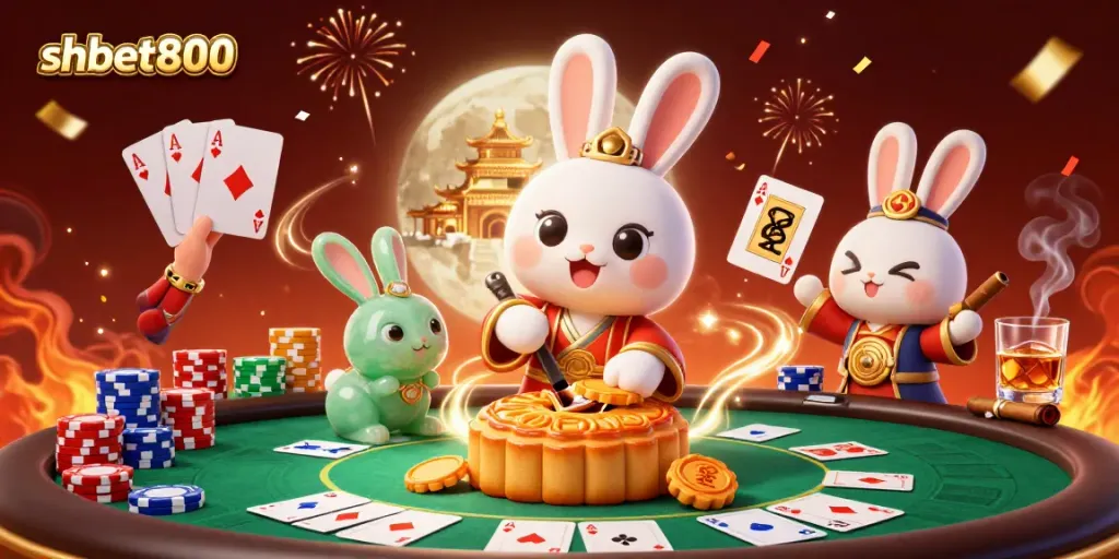 Experience vibrant gaming with shbet800 as moon rabbit celebrates riches in a casino scene.
