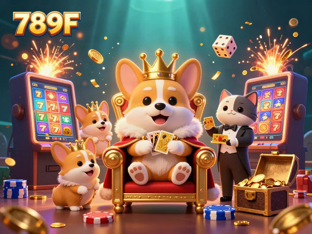 Experience jackpot thrills at 789F, with a royal corgi and vibrant casino elements.