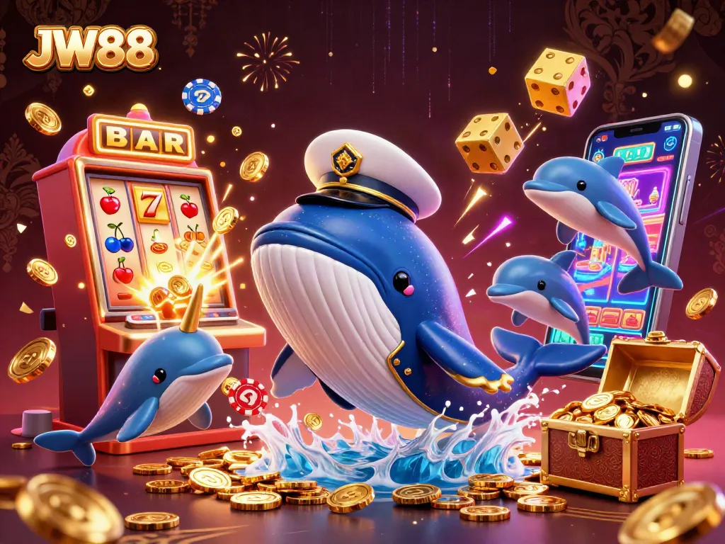 Experience the thrill of JW88 with a cartoon whale, coins, and vibrant casino games.