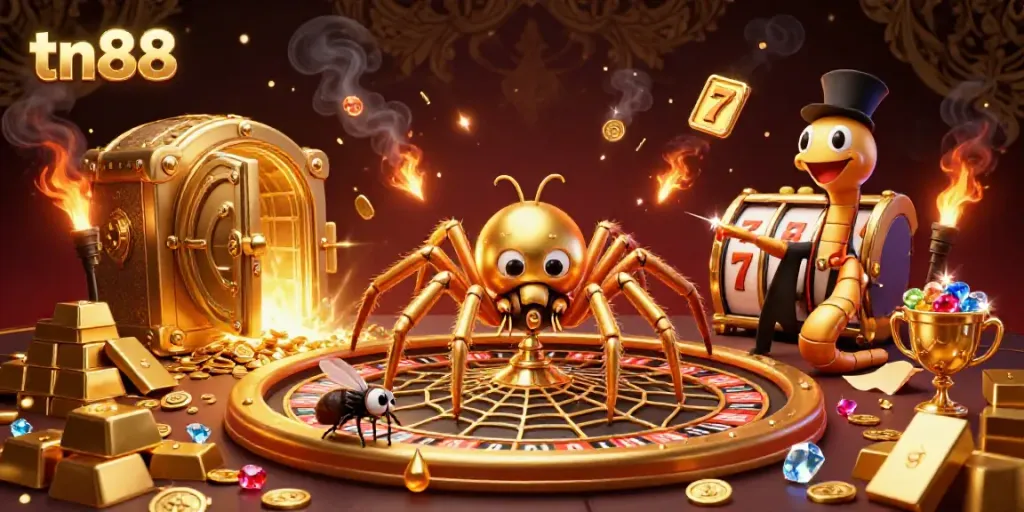 Experience the excitement of tn88 with a golden spider spinning a roulette wheel illuminated by treasure.