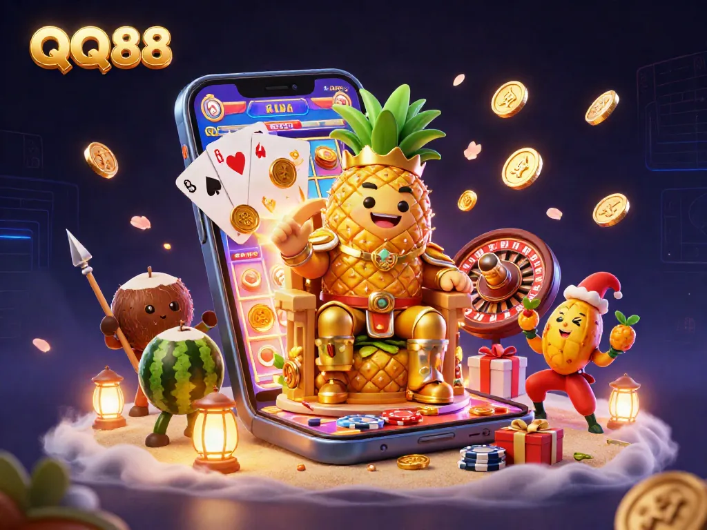 Engage with QQ88's vibrant gaming experience featuring the golden pineapple king amidst a bustling casino setting.