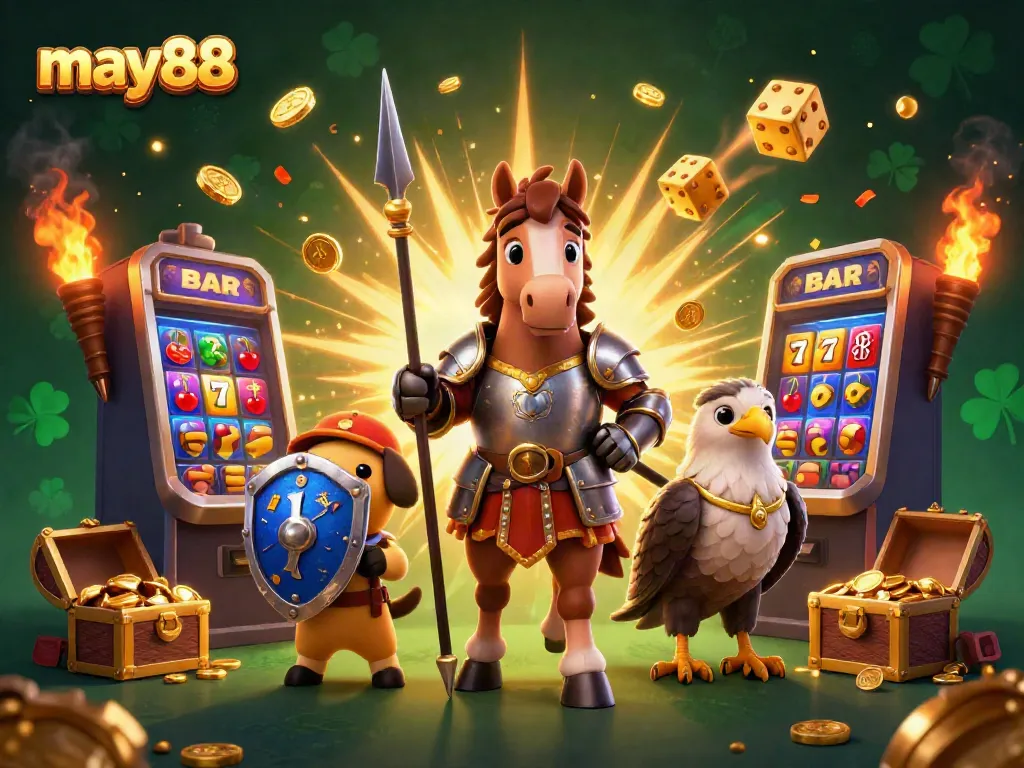 Experience excitement with may88's vibrant 3D illustration of a knight, squire, and falcon, surrounded by a jackpot explosion.