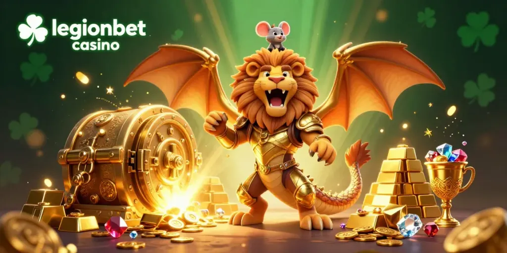Engage with the thrilling world of legionbet casino, featuring a vibrant chimera creature amidst treasure and luck.