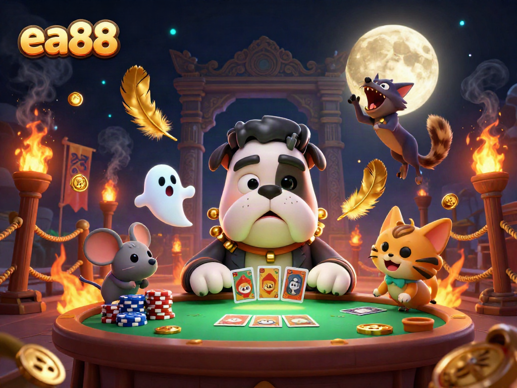ea88 casino scene featuring a cartoon Frankenstein bulldog dealing cards with ghostly elements and rich details