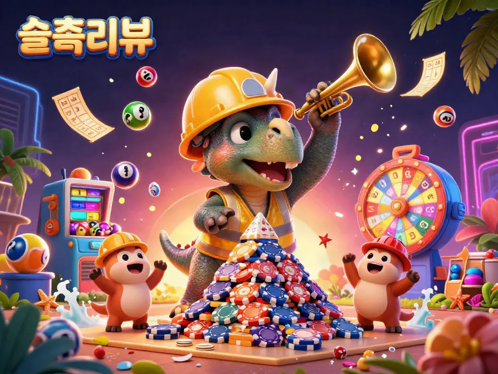 Engaging 슬롯리뷰 scene with cartoon dinosaurs celebrating around gambling elements.