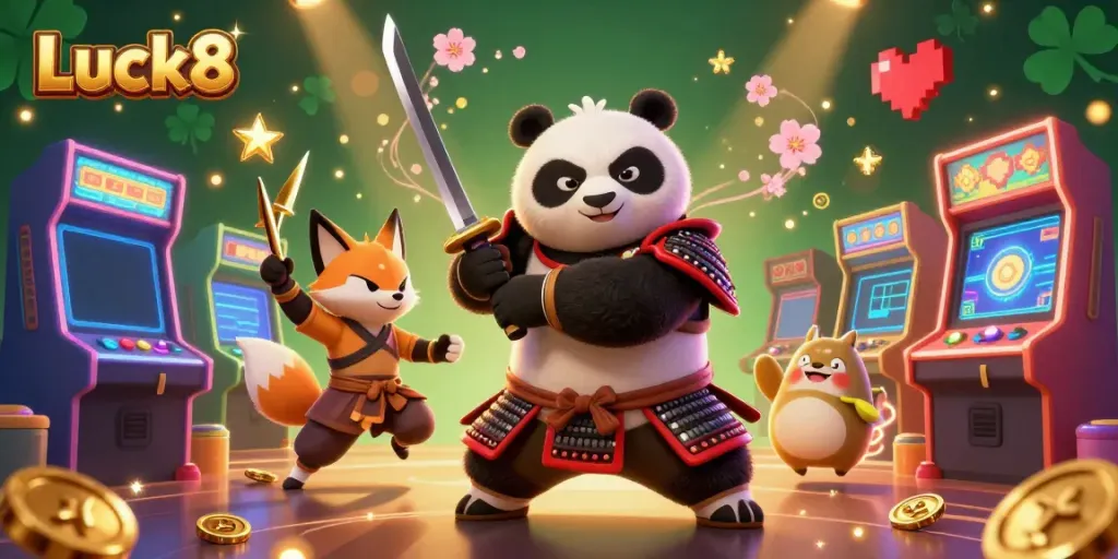 Luck8 showcases an action-packed casino scene with characters like a samurai panda and ninja fox amidst glowing gaming elements.