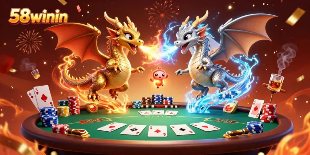 Engage in thrilling casino action at 58winin with vibrant dragons, poker elements, and festive atmosphere.