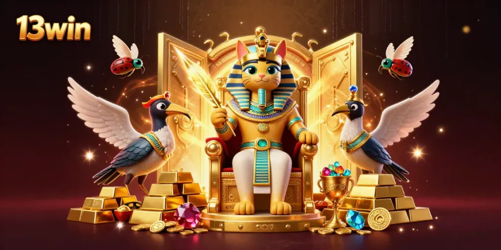 Engage with 13win's online gaming through a vibrant Egyptian-themed casino illustration.