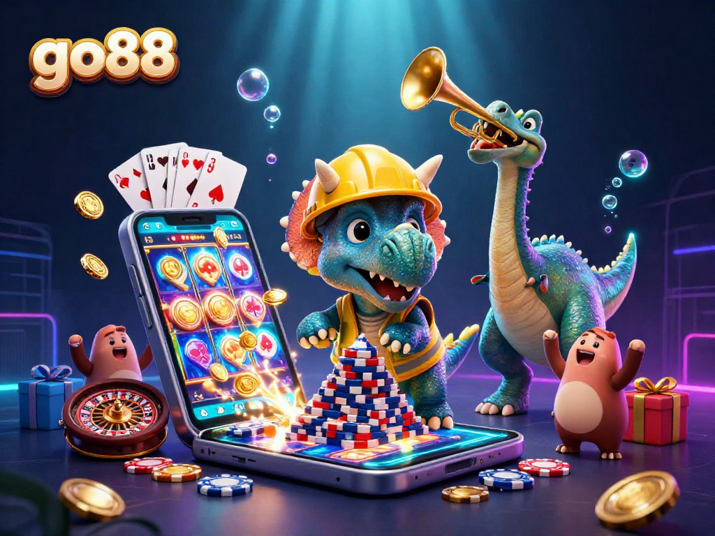 Experience excitement at go88 with a lively scene of dinosaurs celebrating poker victories surrounded by casino elements.