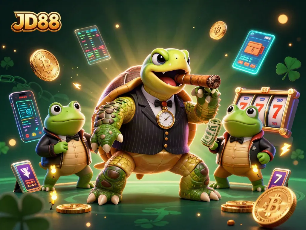 Experience JD88's thrilling casino world with a vibrant 3D illustration of a mobster snapping turtle and enforcers.