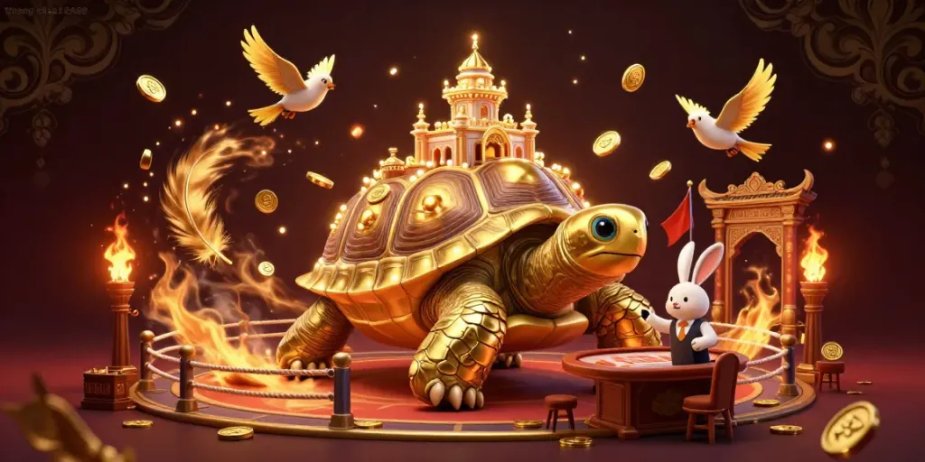Experience excitement at the trang chủ EA88 with a vibrant casino theme featuring a golden tortoise and rabbit dealer.