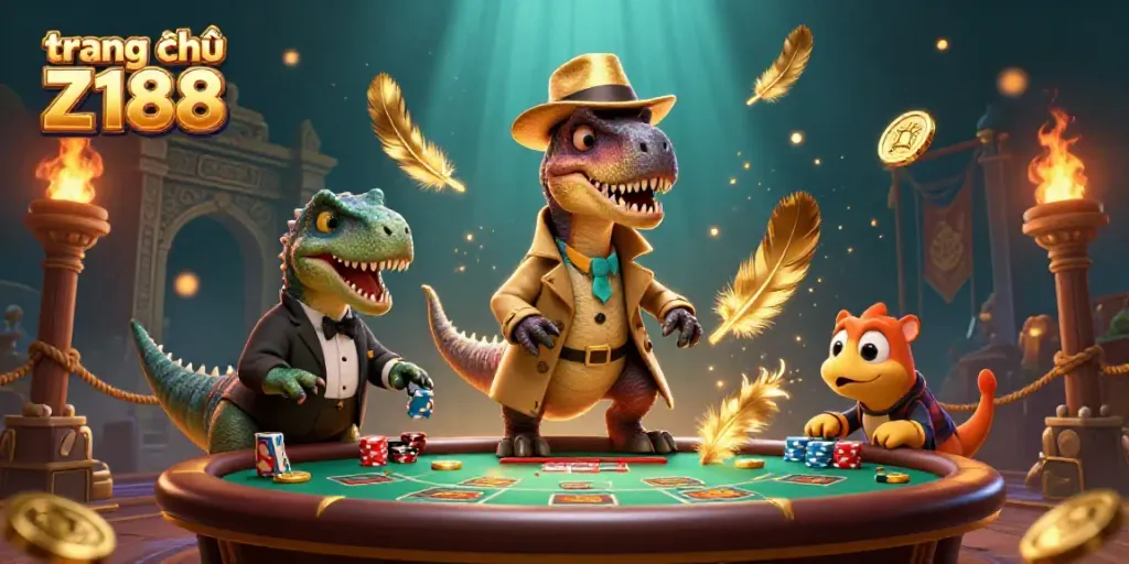 Experience thrilling gameplay at trang chủ Z188, featuring cartoon dinosaurs engaged in a lively blackjack scene.