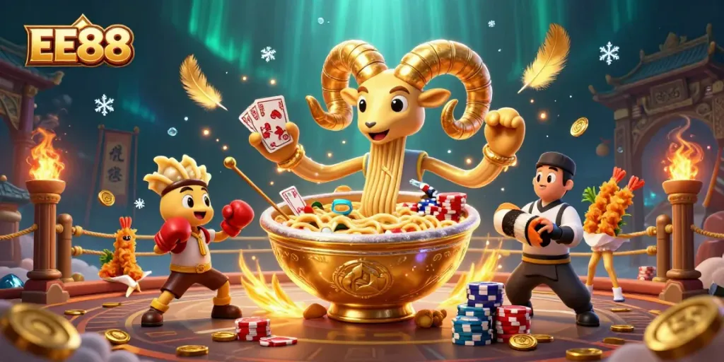 Experience thrilling gameplay with EE88 as a golden ramen bowl dealer and dynamic characters in an animated casino.