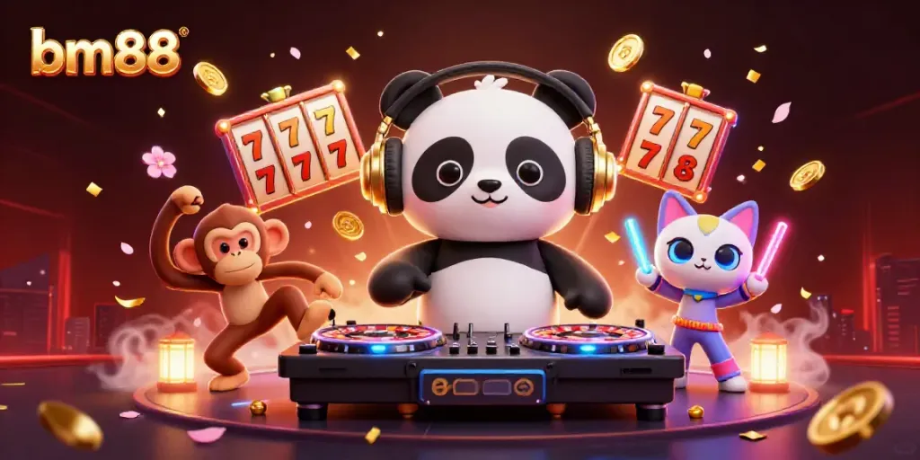 Engage in vibrant slots action at bm88 with DJ panda, dancing monkey, and glow-stick kitten.