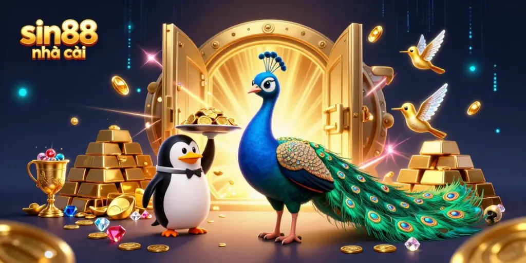 Experience excitement at sin88 nhà cái with a colorful, vibrant casino scene featuring animated characters and treasures.
