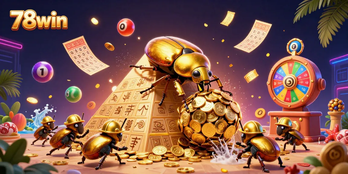 Win big with 78win as golden beetles roll coins amid dynamic lottery elements.