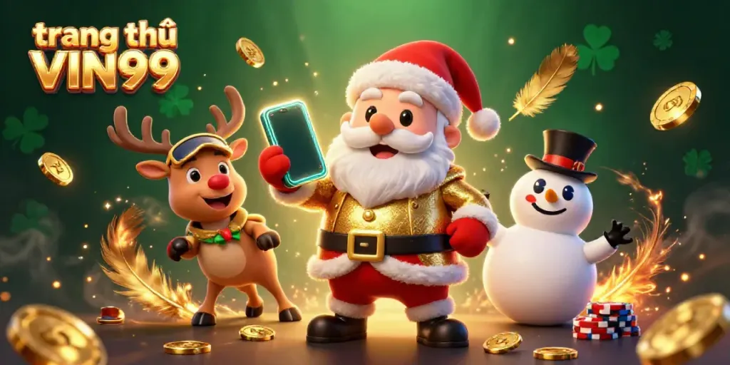 Win big with jackpot opportunities at trang chủ VIN99 in an energetic casino scene featuring Santa and friends.