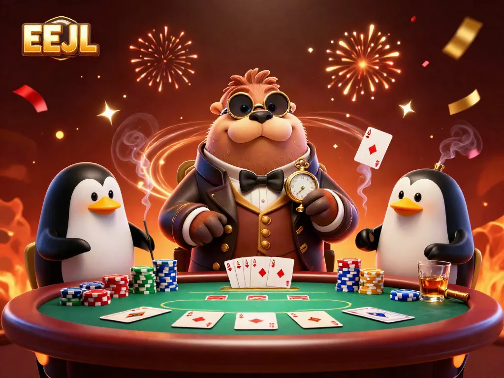 EEJL's jolly walrus and penguin dealer in a lively poker scene with vibrant energy.