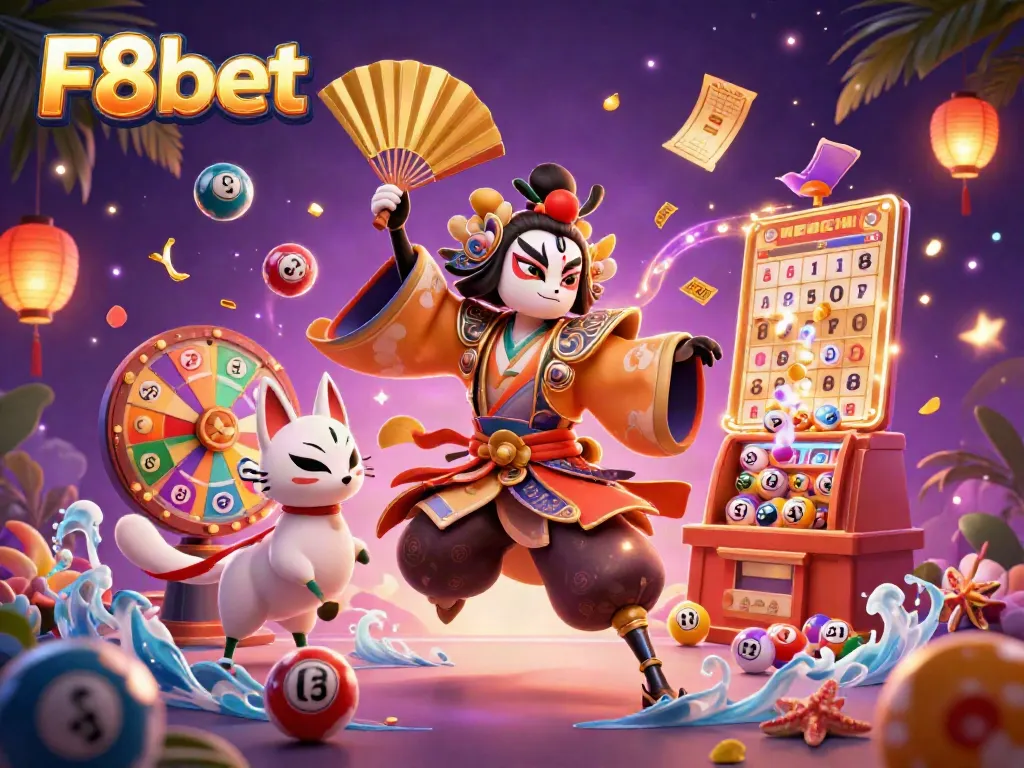 Experience the vibrant world of F8bet with a kabuki warrior and kitsune mask amidst lottery elements and dynamic action.