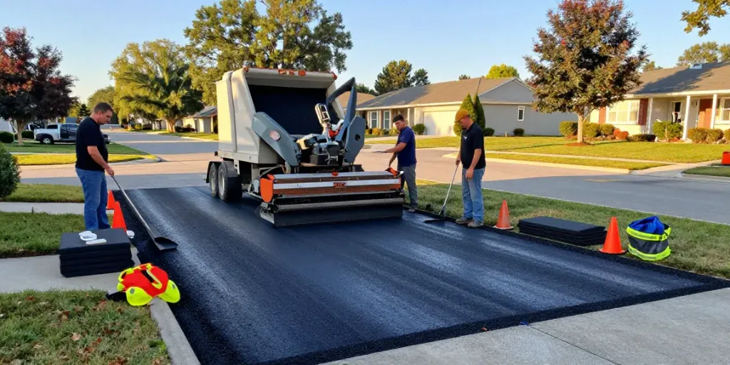 JAK Paving team diligently laying asphalt for a residential driveway in a sunny neighborhood.
