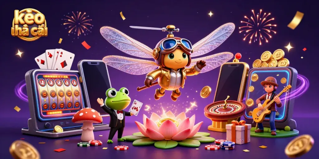 Experience kèo nhà cái with a vibrant 3D illustration of a dragonfly pilot above a lily pad casino.