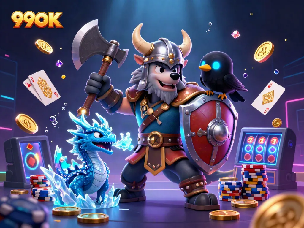 Experience the magic of 99OK with a Viking warrior, dragon, and vibrant casino elements.