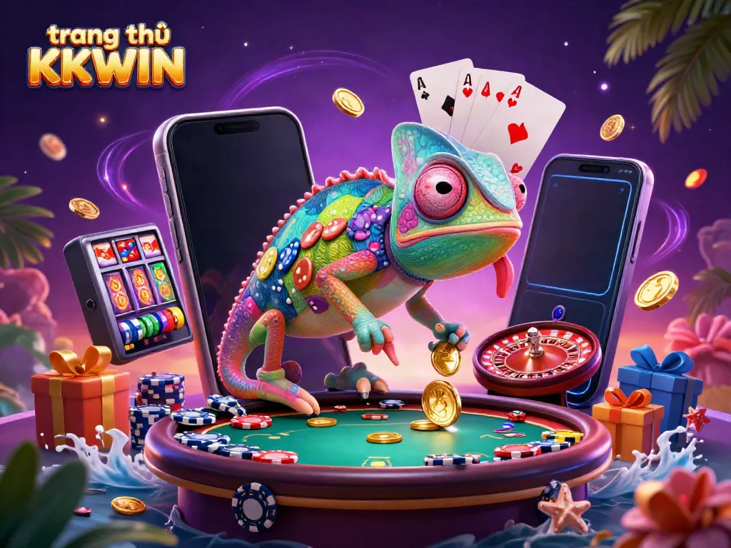 Experience the dynamic world of trang chủ KKWIN with a vibrant chameleon casino owner amid exciting gaming elements.