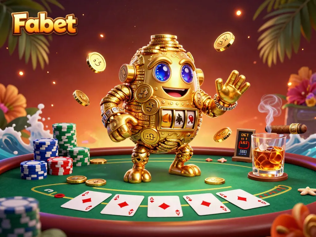Experience thrilling gameplay at Fabet with a golden golem, poker elements, and rich casino atmosphere.