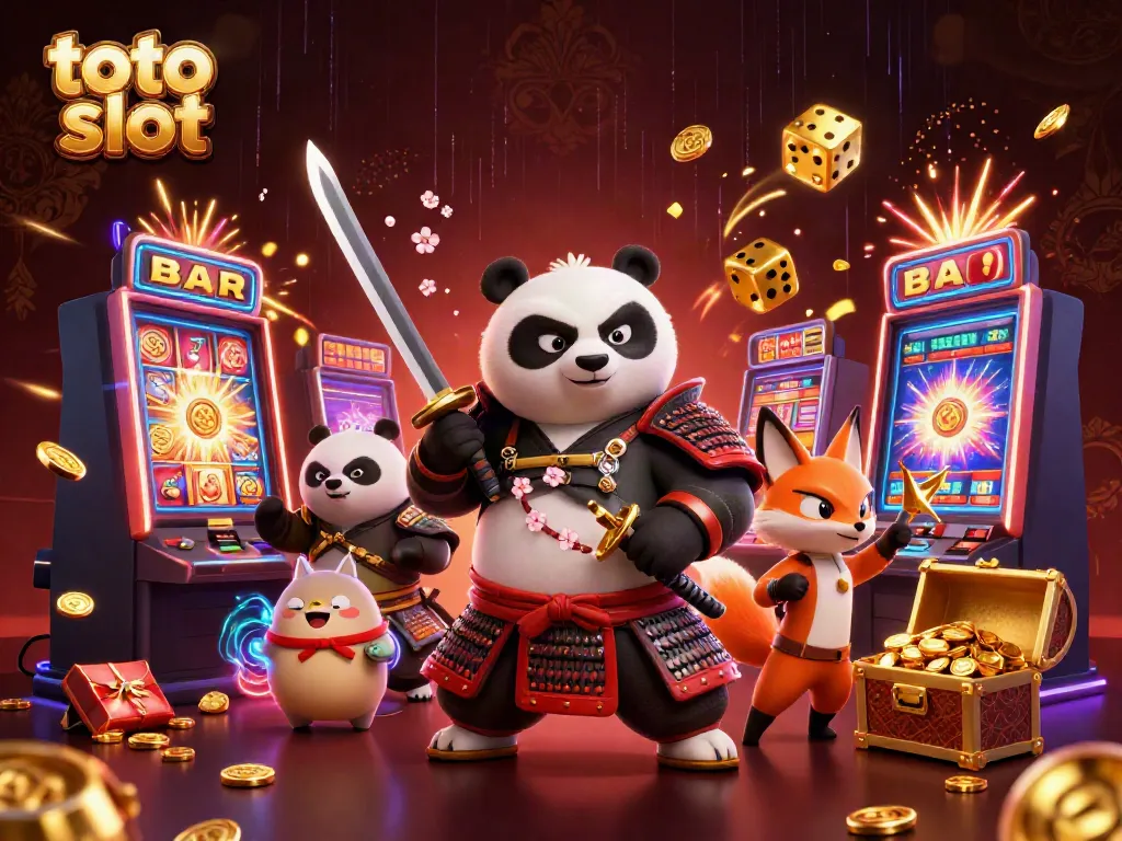 Spin the jackpot with toto slot at this vibrant casino scene featuring samurai panda and magical companions.
