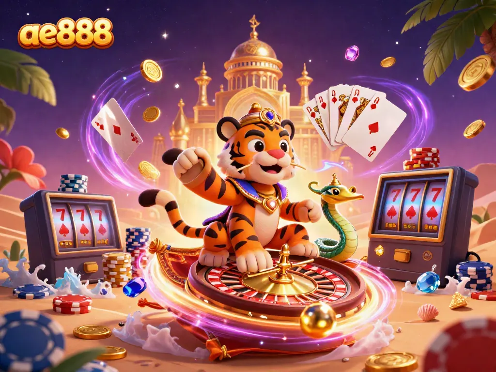 Experience the vibrant ae888 casino with a tiger sultan flying over a gold palace surrounded by sparkling gems.