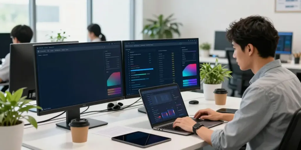 SEO specialist analyzing instant indexing metrics in a modern office.