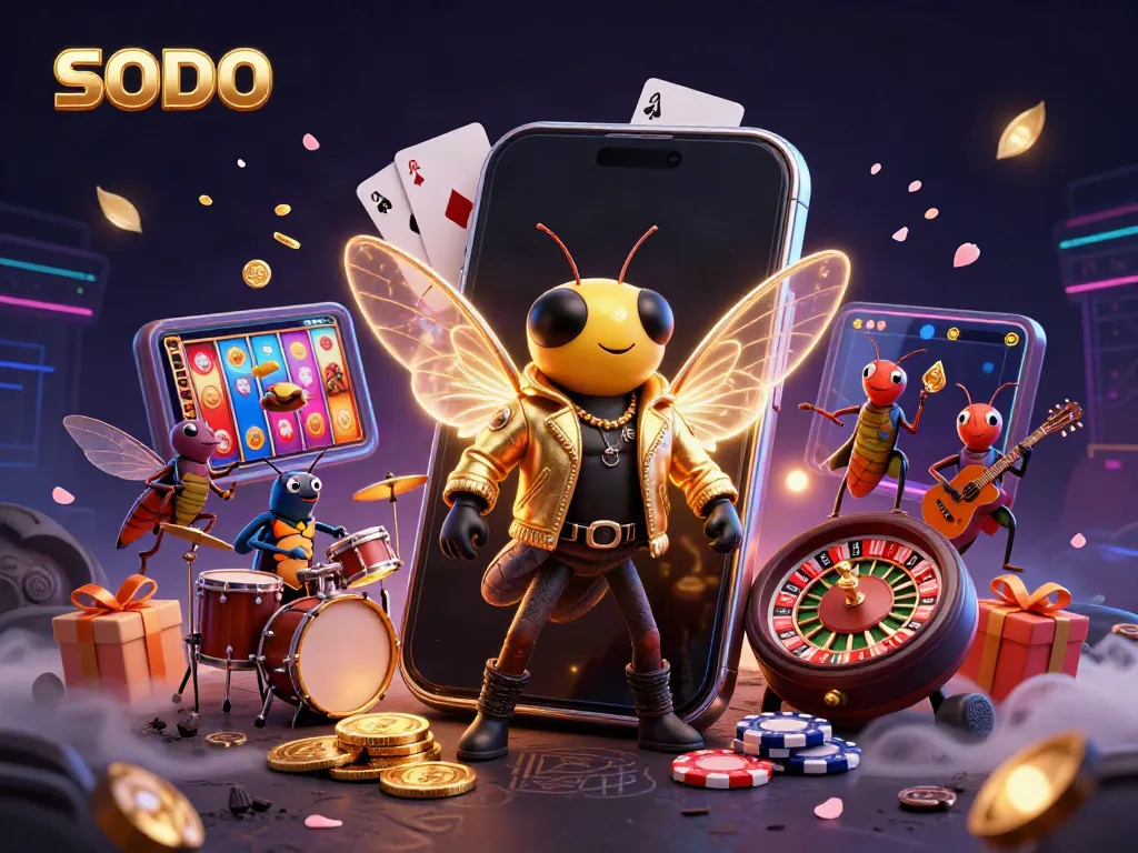 Engage with SODO's electric atmosphere featuring cartoon rockstars and vibrant casino elements.
