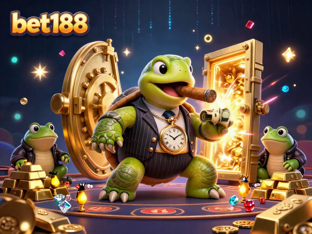 Experience thrilling gaming with bet188, featuring a snapping turtle mobster and casino treasures.