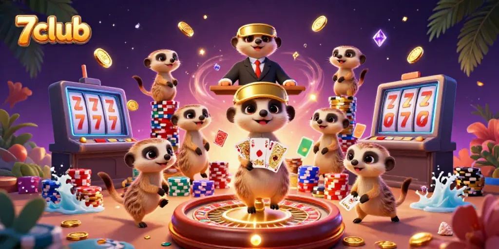 Experience thrilling gameplay with the cartoon meerkats at 7club's vibrant casino scene.