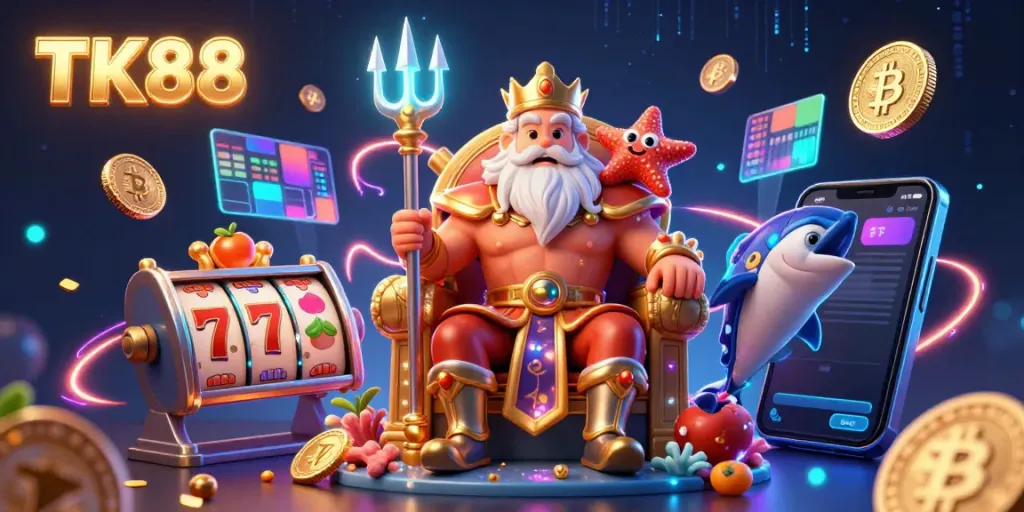 Engage with TK88, a vibrant casino scene featuring Neptune and dynamic gambling elements.