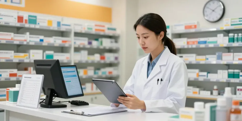 Pharmacist engaging in Travelling to uae with medicine preparations in a modern pharmacy.