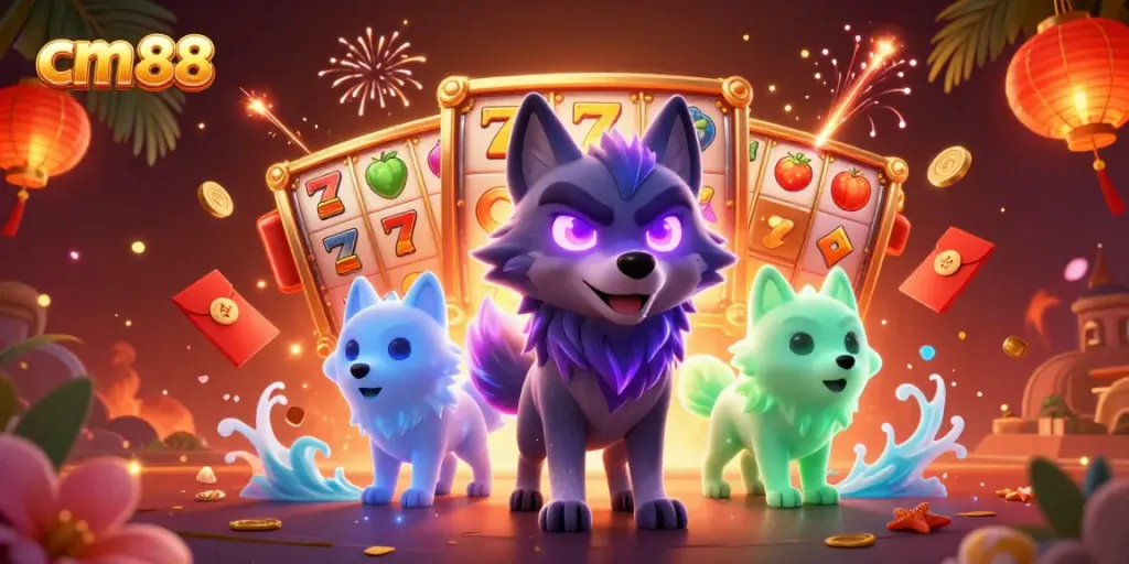 Experience cm 88 with thrilling slot reels, glowing wolf spirits, and festive elements in this vibrant illustration.