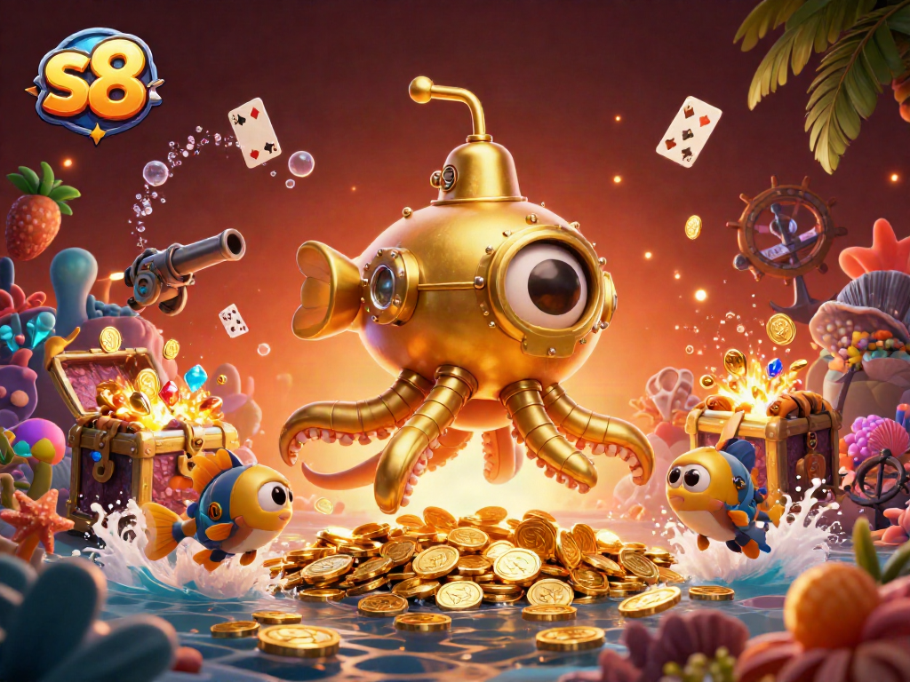 Experience the thrill of slots with s8’s mechanical fish and golden kraken in a vibrant casino scene.