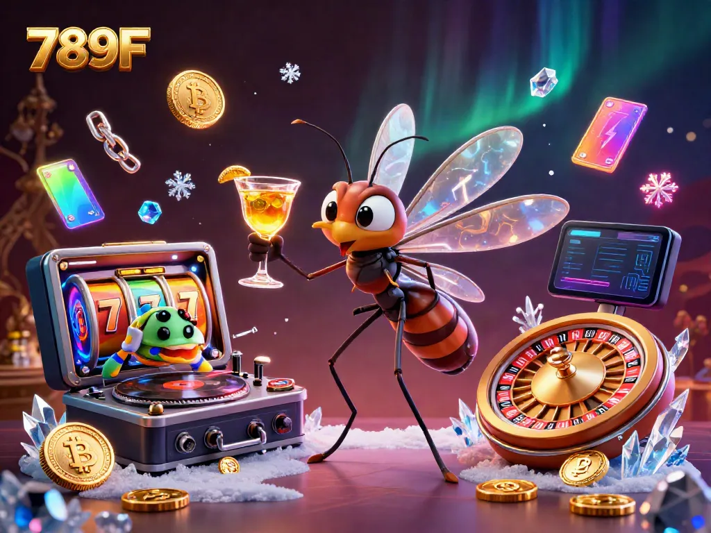 Experience the thrill of 789F with a dynamic casino scene featuring a frozen mosquito mascot and neon crypto elements.
