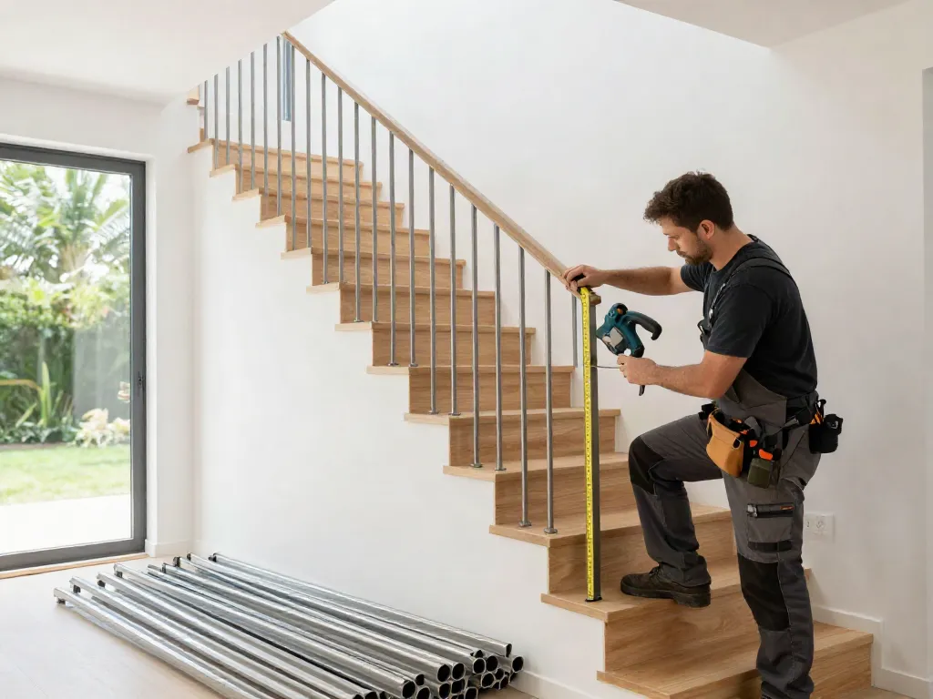 Safety railings being installed in a modern villa staircase with professional craftsmanship.