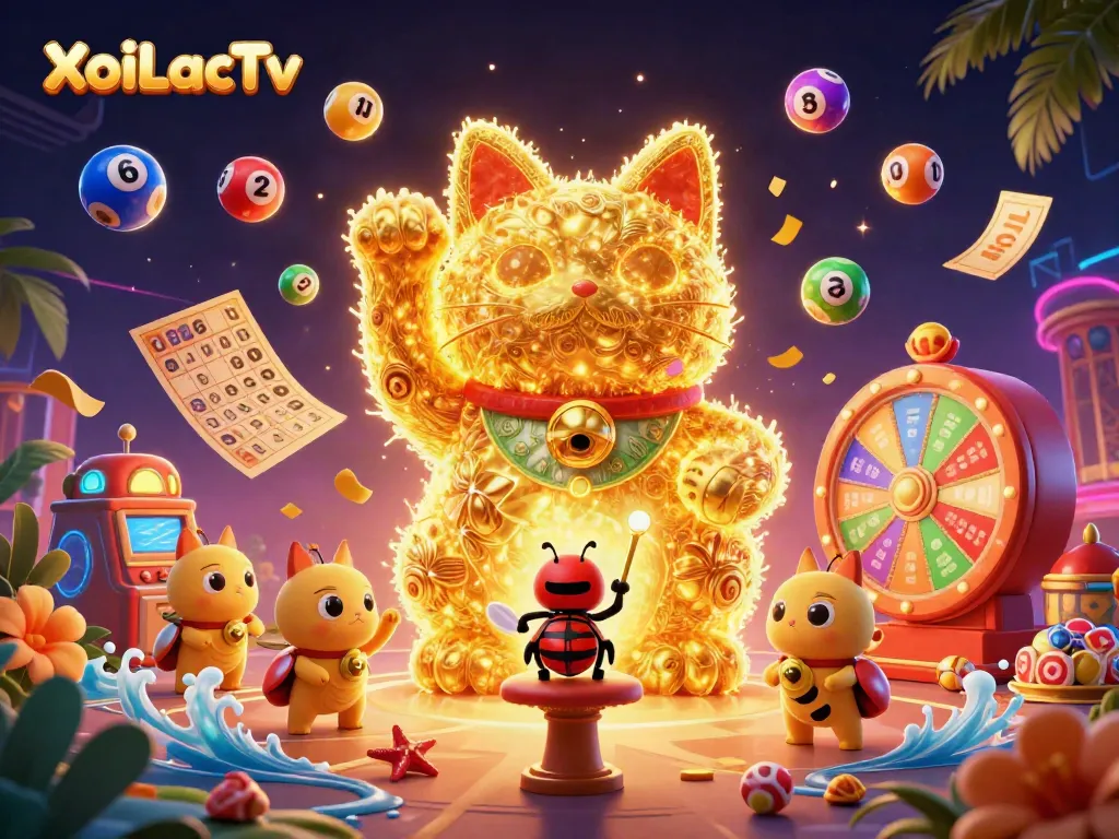 Engage with XoiLacTv's luck by viewing an animated lucky cat symbolizing casino excitement.
