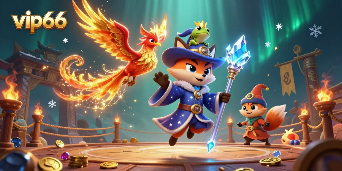 Engage with vip66 casino games featuring a mystical wizard fox, phoenix, and vibrant golden elements.